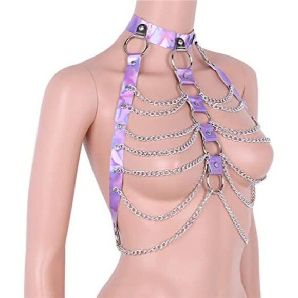 PURPLE Hologram Body Chest Harness Cage Bra Choker Chain Costume Pasties Festiva - Picture 5 of 8